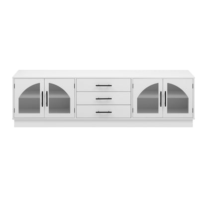 White modern TV stand cabinet with two arched doors and three drawer fronts