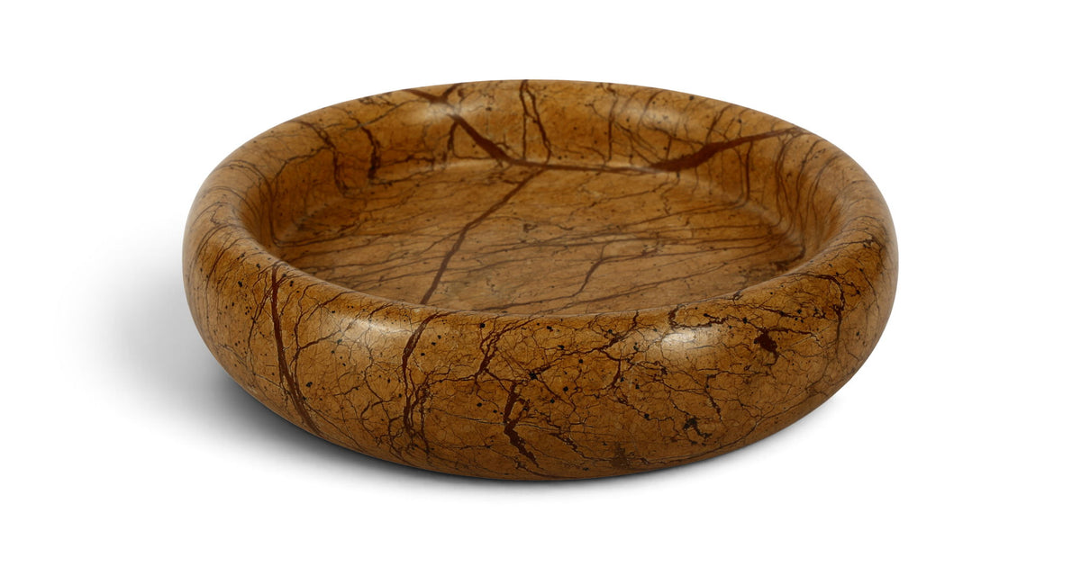 Dark brown marble round tray with swirling crackle veining and smooth rim.
