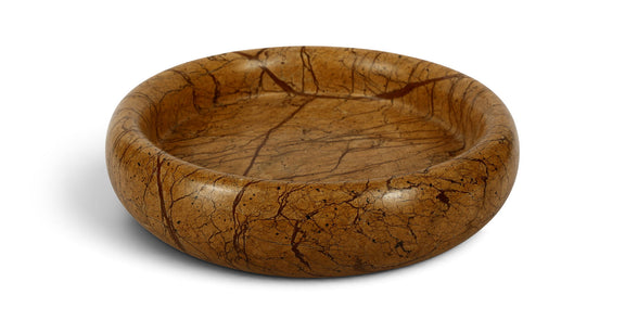 Dark brown marble round tray with swirling crackle veining and smooth rim.