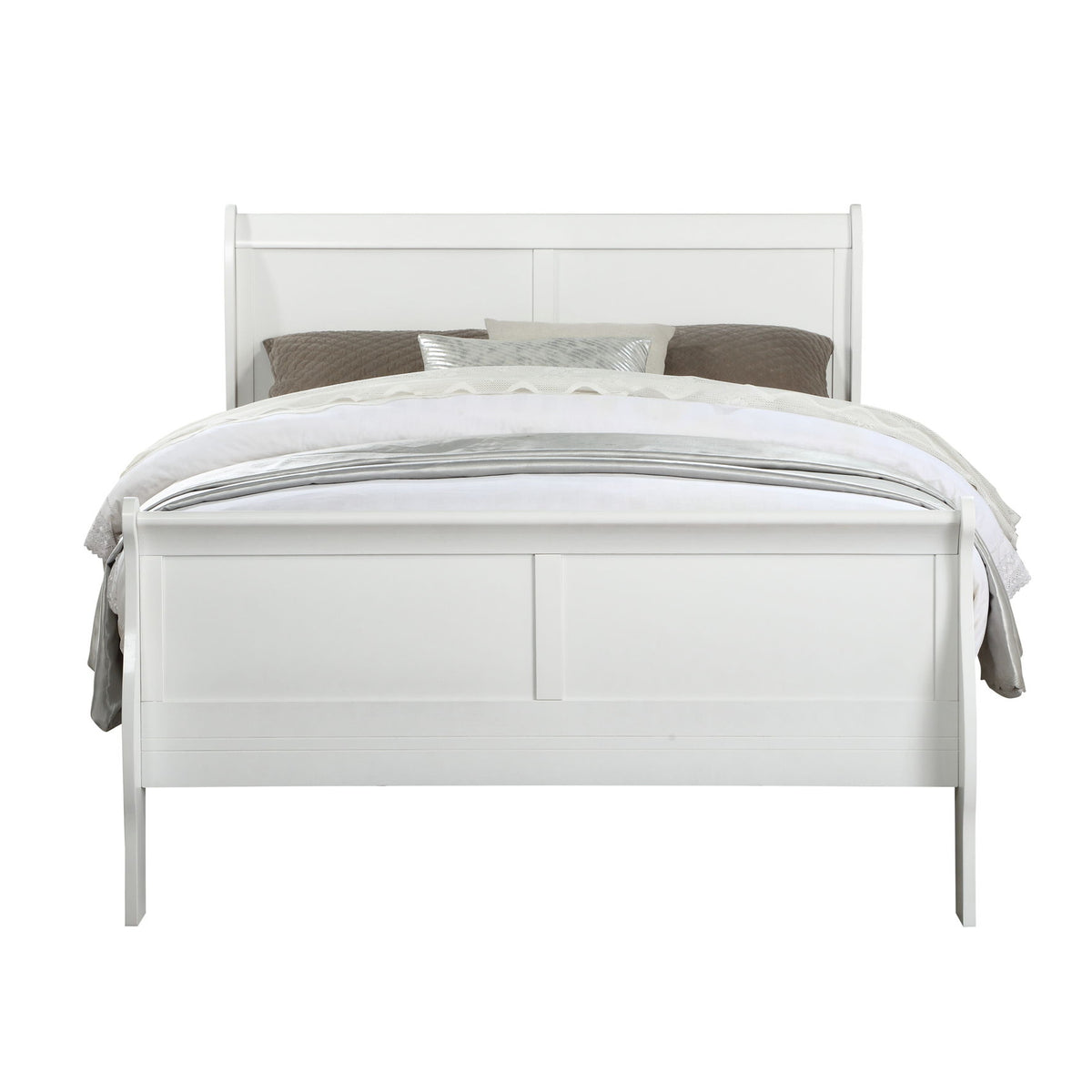 White sleigh bed with headboard, pillows, and layered bedding