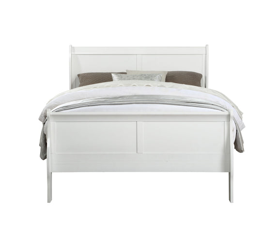 White sleigh bed with headboard, pillows, and layered bedding