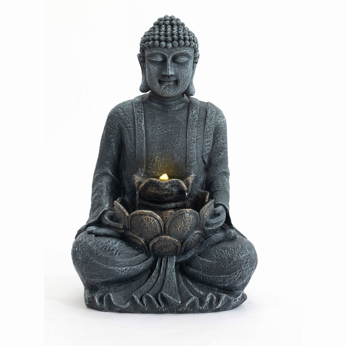 Gray seated Buddha water fountain with glowing bowl and LED light