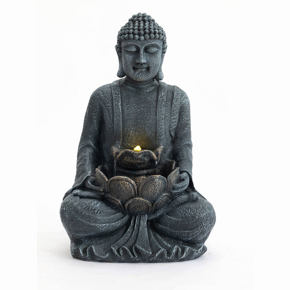 Gray seated Buddha water fountain with glowing bowl and LED light