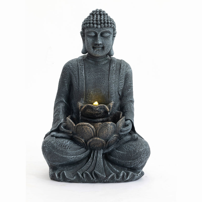 Gray seated Buddha water fountain with glowing bowl and LED light