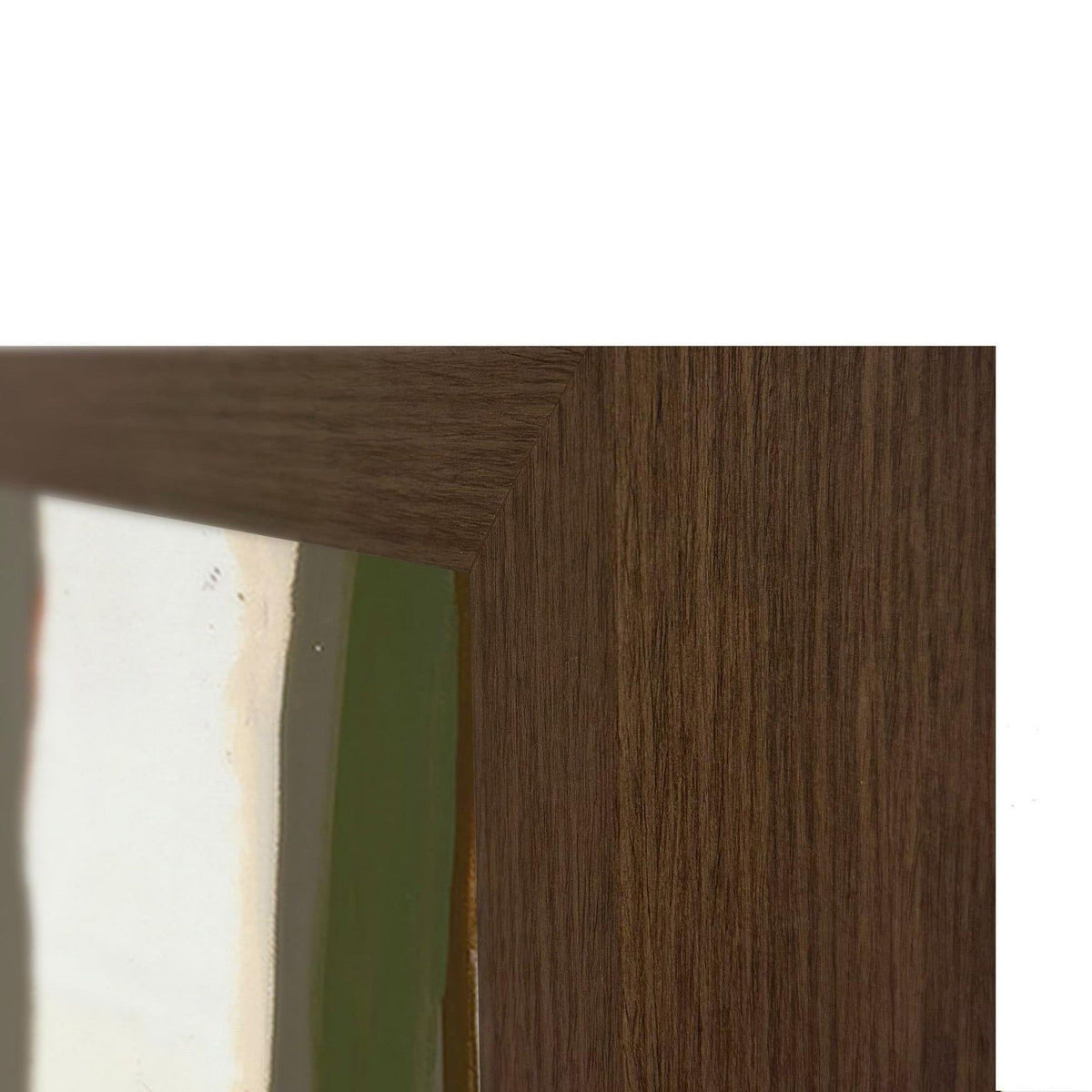 Walnut wood frame close-up with visible vertical grain and mitered corner