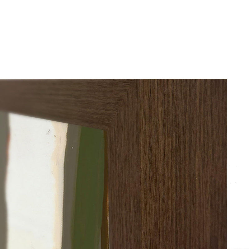 Walnut wood frame close-up with visible vertical grain and mitered corner
