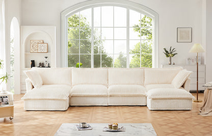 4-Seater Slipcovered U-Shaped Corduroy Sectional Sofa - Cream Corduroy
