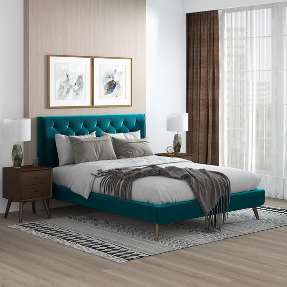 Dillon platform bed with teal upholstered headboard and tufted button detail