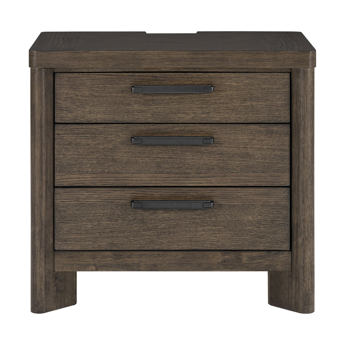 Dark oak 3-drawer nightstand with three bar pull drawers and squared legs