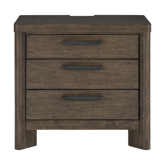 Dark oak 3-drawer nightstand with three bar pull drawers and squared legs