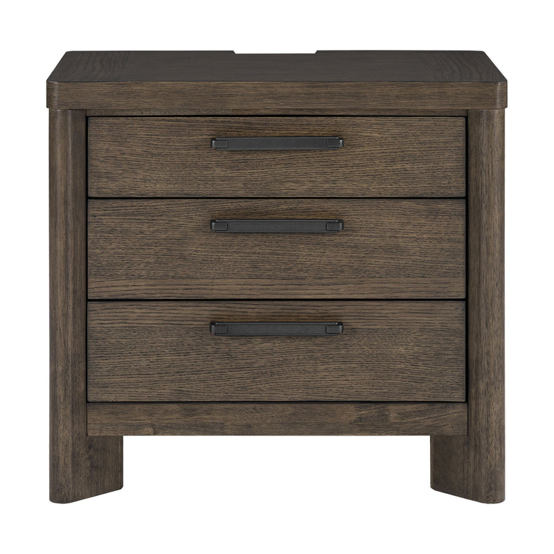 Dark oak 3-drawer nightstand with three bar pull drawers and squared legs