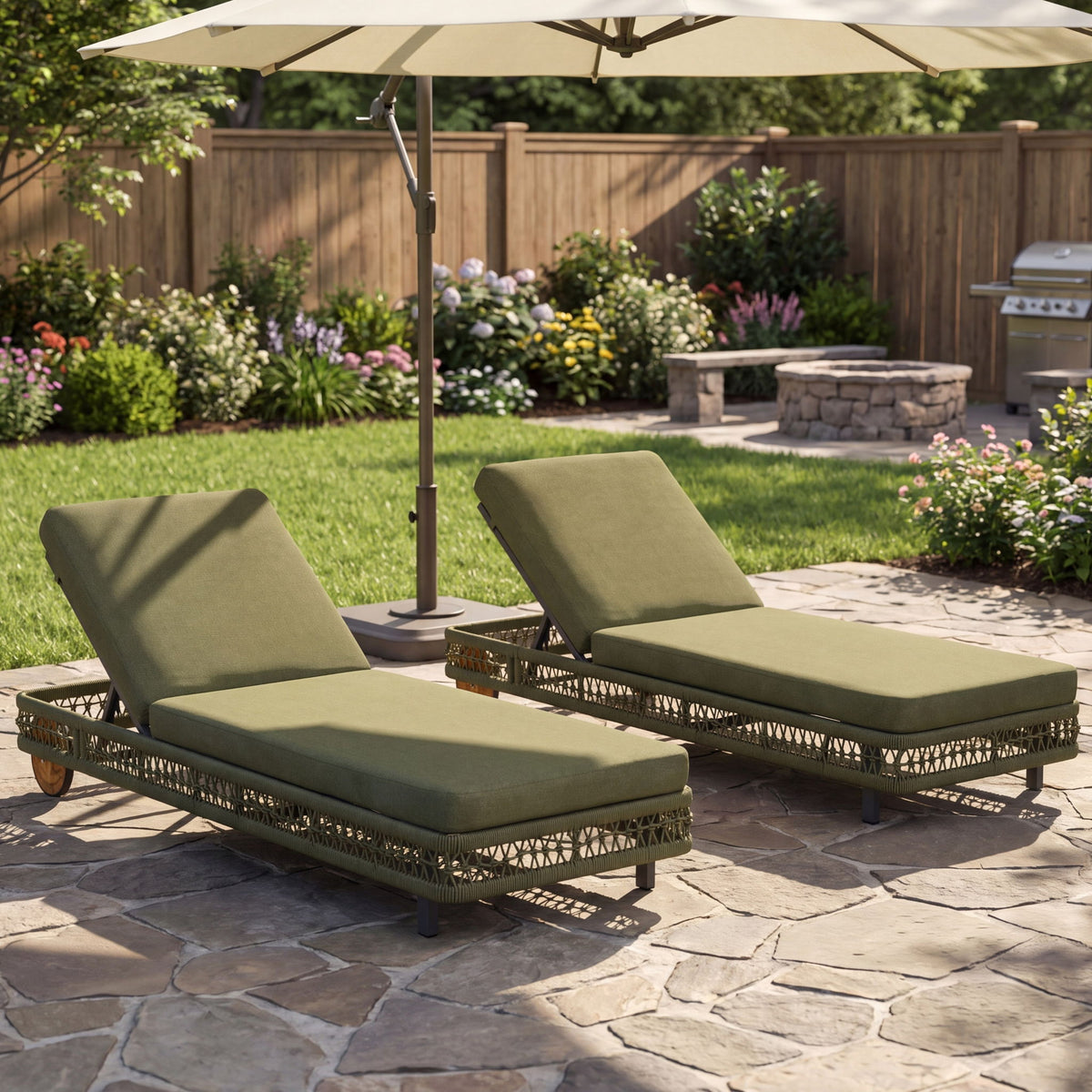 Two dark green outdoor chaise lounges with 5-position adjustable backrests and wheels