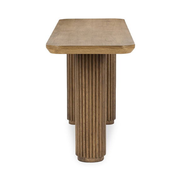 Tawny brown solid wood console table with ribbed vertical pedestal legs