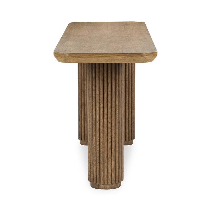 Tawny brown solid wood console table with ribbed vertical pedestal legs