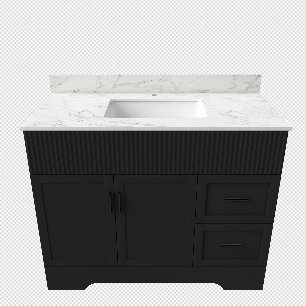 Black bathroom vanity cabinet with fluted doors, drawers, and built-in sink