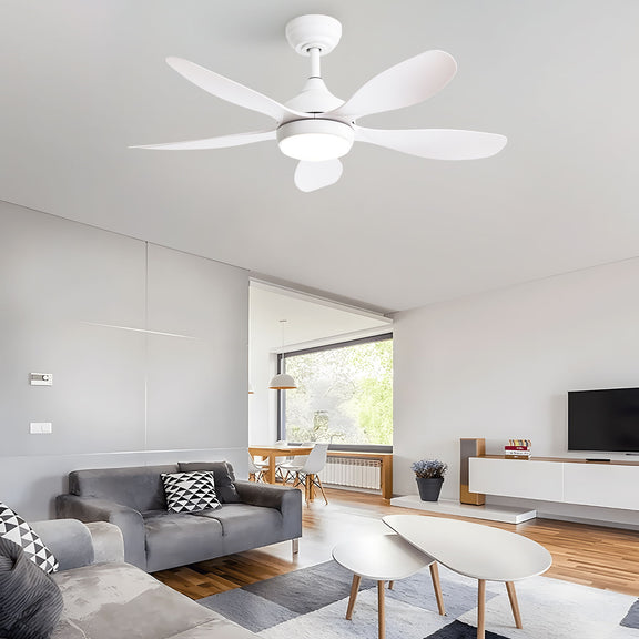White ceiling fan with 5 blades and round LED light fixture