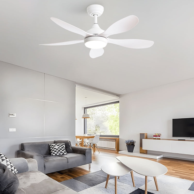White ceiling fan with 5 blades and round LED light fixture