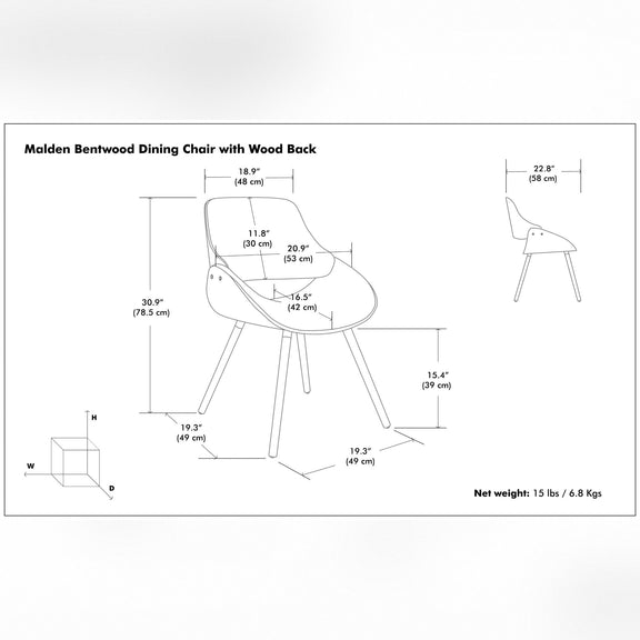 Mid-century bentwood dining chair size diagram with front and side measurements