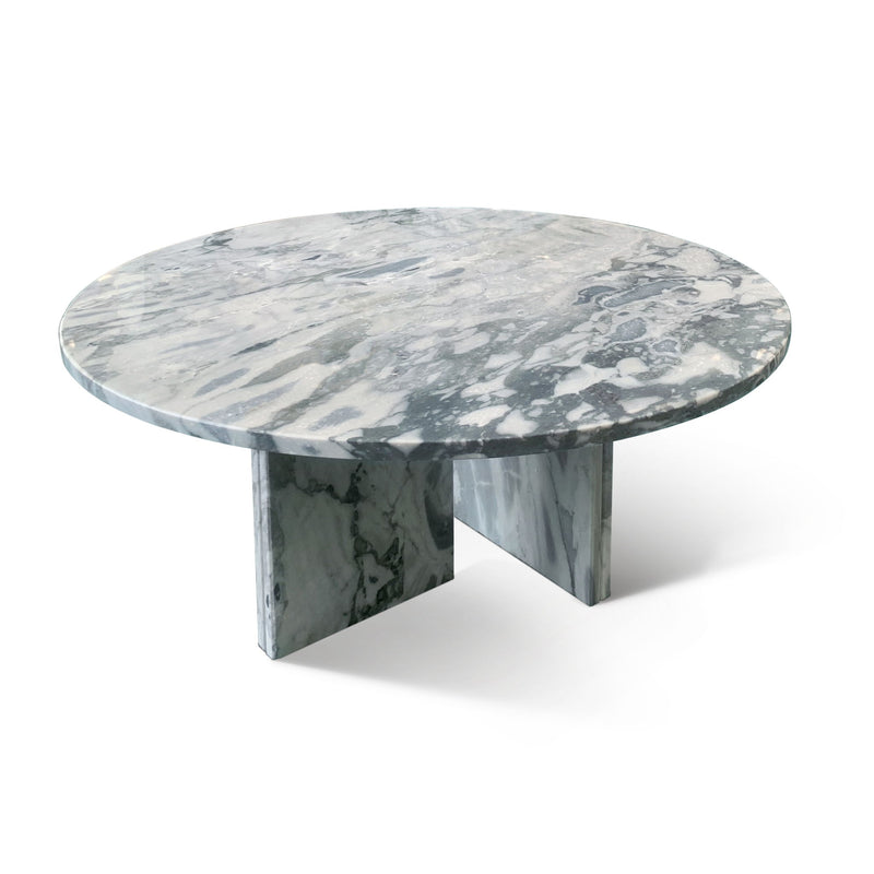 Dark gray and white veined round stone coffee table with geometric pedestal legs