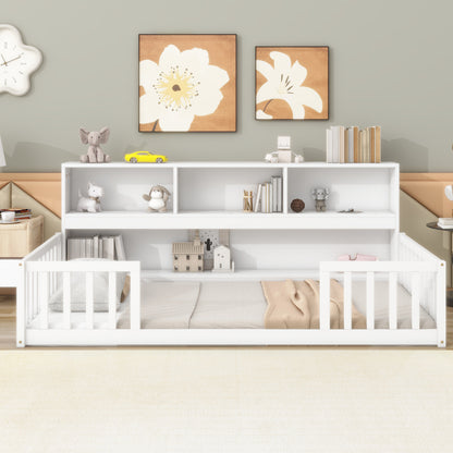 Twin Floor Bed with Bedside Bookcase, Shelves, Guardrails, White