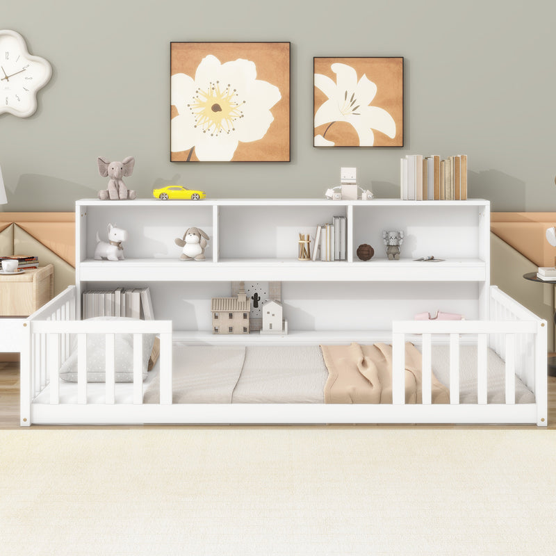 Twin Floor Bed with Bedside Bookcase, Shelves, Guardrails, White