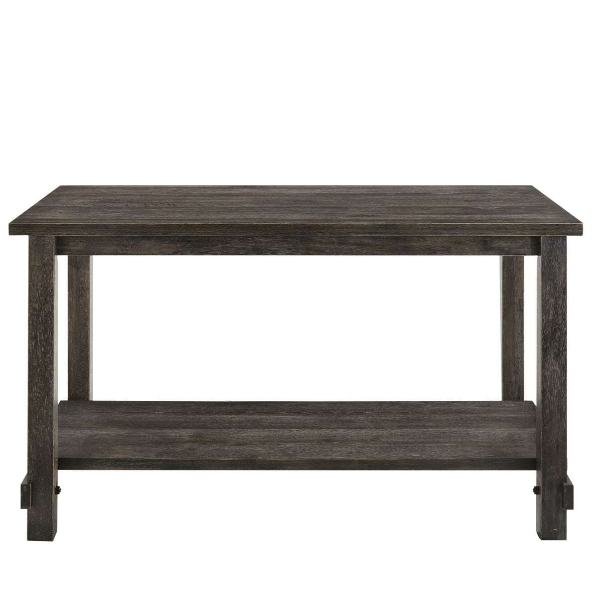 Weathered gray counter height table with lower open shelf and wide rectangular tabletop.