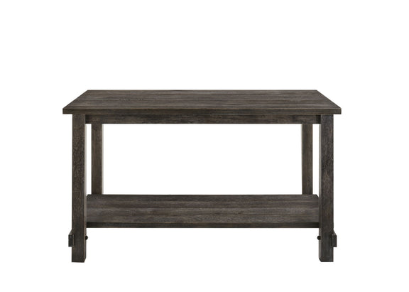 Weathered gray counter height table with lower open shelf and wide rectangular tabletop.