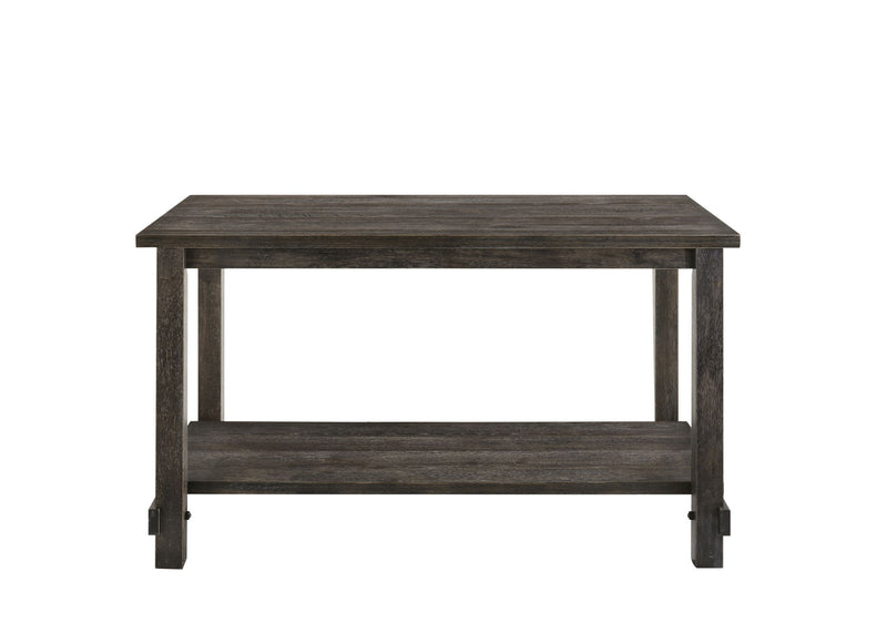 Weathered gray counter height table with lower open shelf and wide rectangular tabletop.