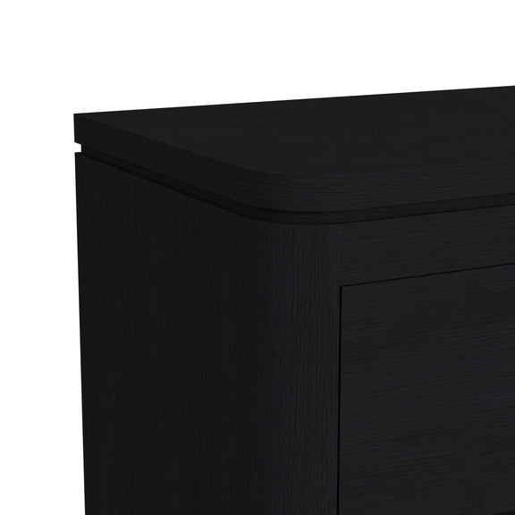 Rosalie accent chest in black, close-up of top edge and side panel detail.
