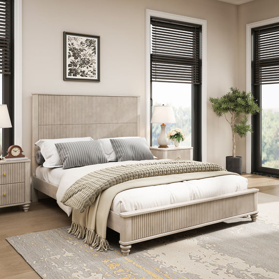 Light beige upholstered bed with slatted base, throw blanket, and side nightstand cabinets