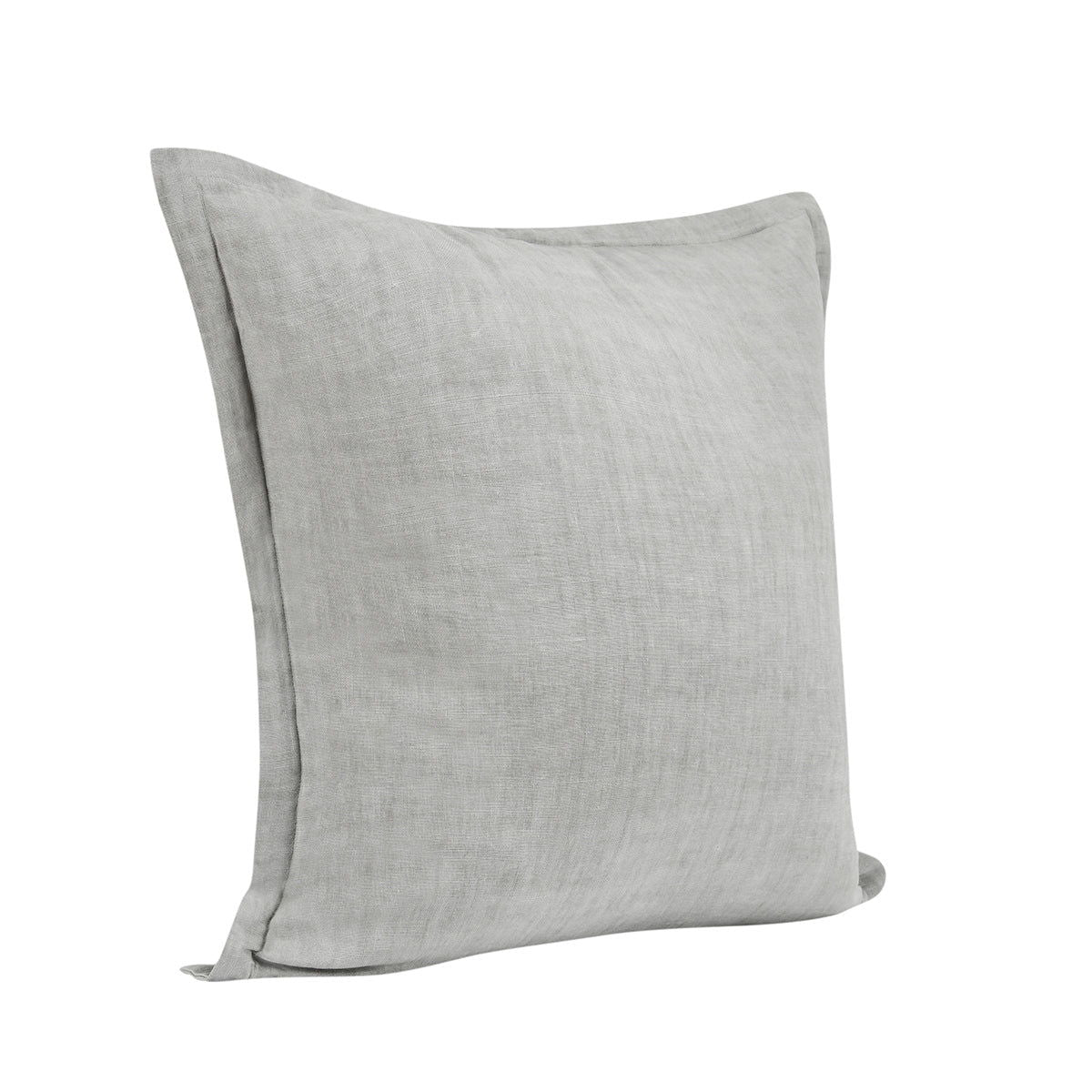 Square gray pillow front with linen-like texture and overlocked edges