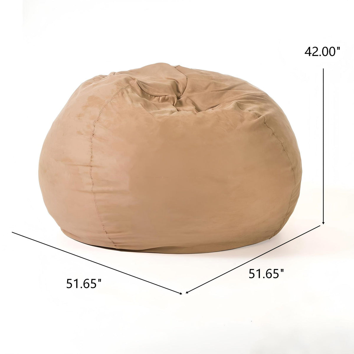 Light brown bean bag chair with tufted top and rounded shape