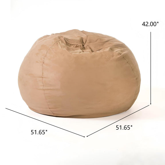 Light brown bean bag chair with tufted top and rounded shape