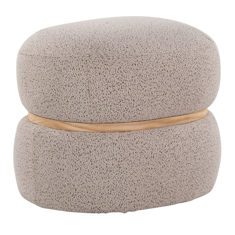 Contemporary pouf ottoman in light gray textured fabric with wood ring detail