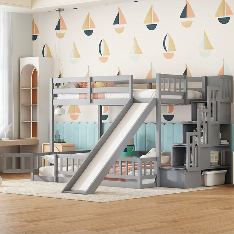 Twin Over Full Bunk Bed with Slide, Storage Staircase, Pine Solid Wooden Bunk Bed with Safety Guardrails, Grey