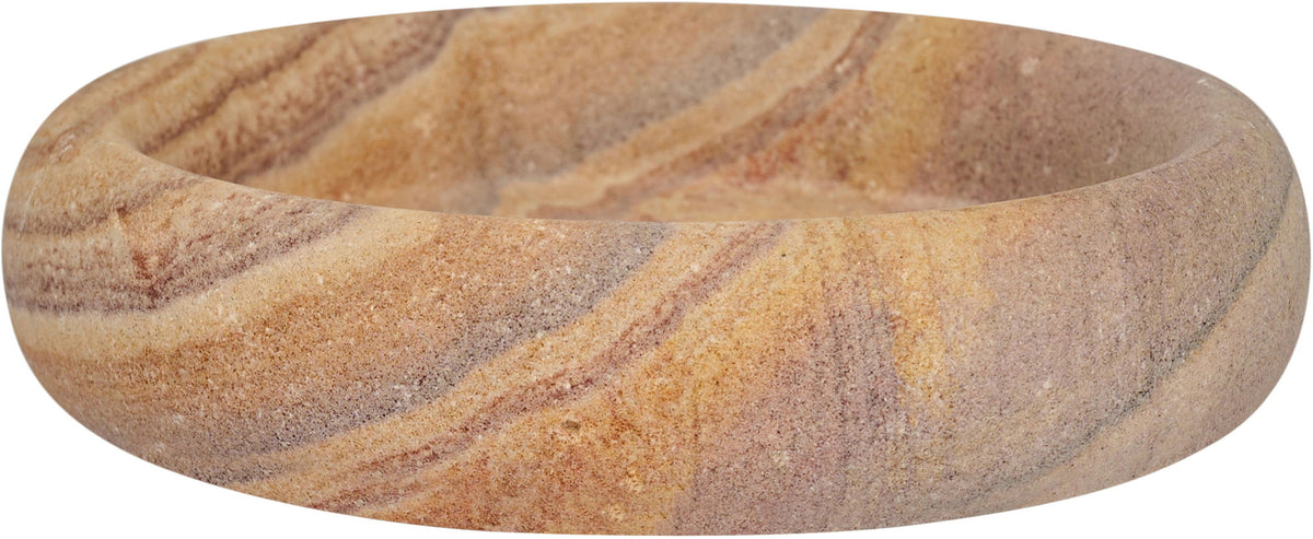 Round sandstone tray with marbled tan, amber, and brown swirl lines