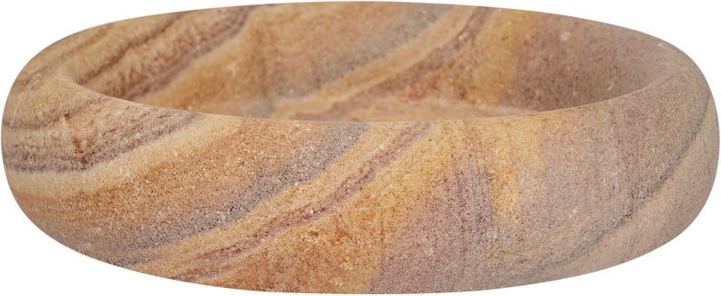 Round sandstone tray with marbled tan, amber, and brown swirl lines