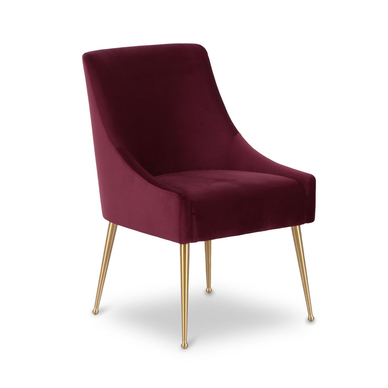 Wine velvet side chair with curved back, upholstered seat, and gold-toned legs