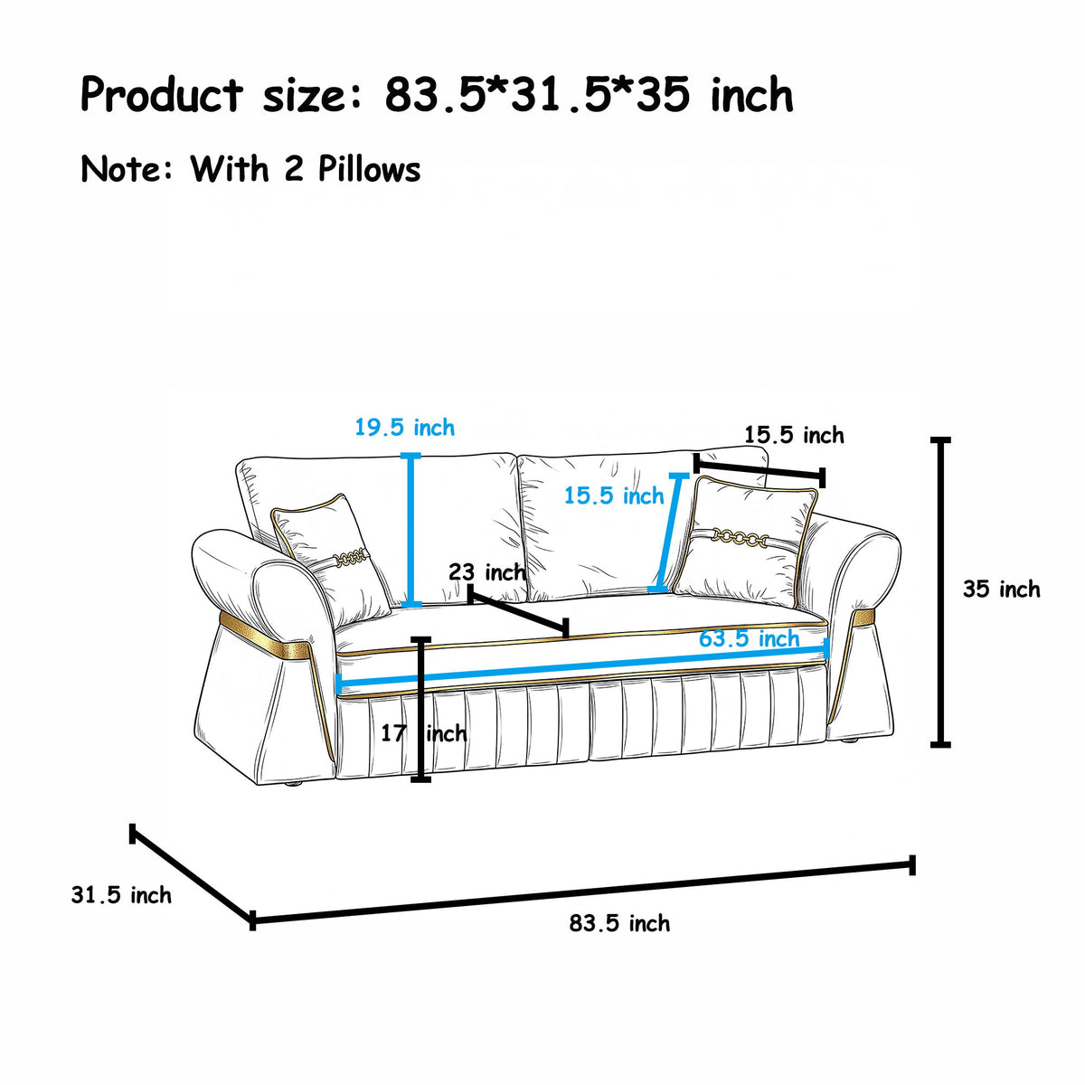 White three-seat sofa with two cushions and dimension labels