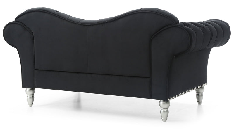 Black round arm loveseat with curved back, stitched seat, and short silver nailhead legs.