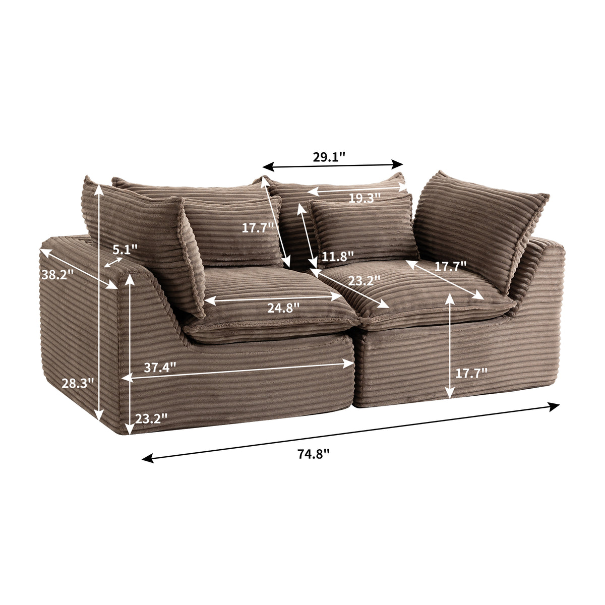 The Cloudrest 75" Chocolate Corduroy Modular Loveseat