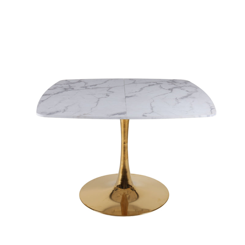 White marble-look dining table with gold center pedestal base