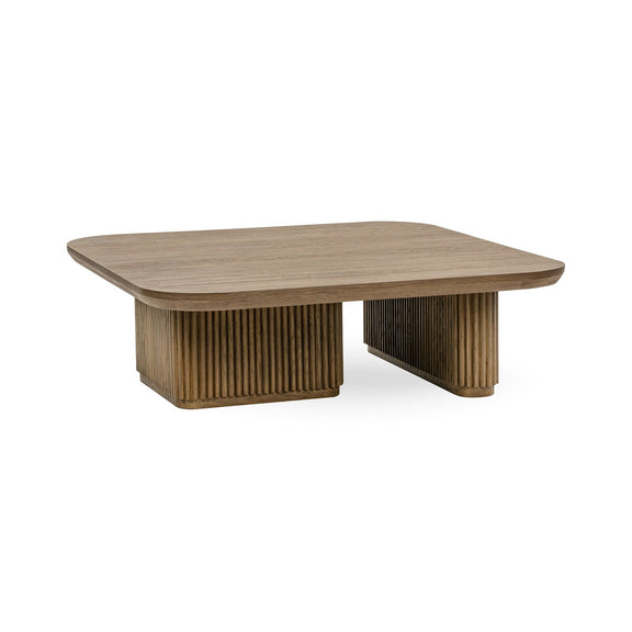 Tawny brown solid wood square coffee table with ribbed apron and low legs