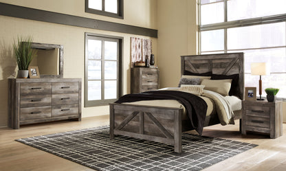 Gray crossbuck panel bed frame with slatted rails and two matching nightstands