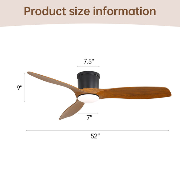 Flush-mount ceiling fan with 3 wood-finish blades and round frosted light, black canopy