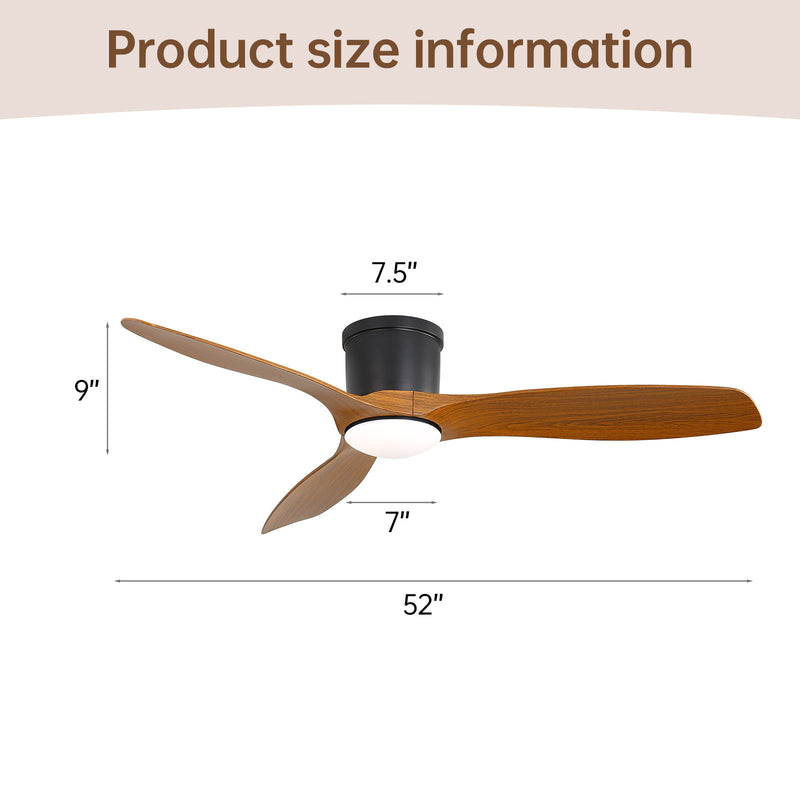 Flush-mount ceiling fan with 3 wood-finish blades and round frosted light, black canopy