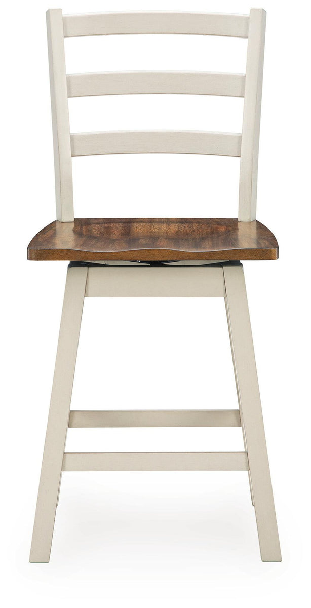 Swivel stool with brown circular seat and antique white slat-back, side view