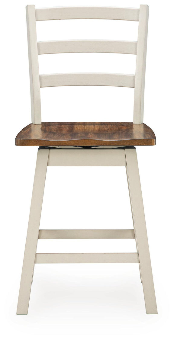 Swivel stool with brown circular seat and antique white slat-back, side view