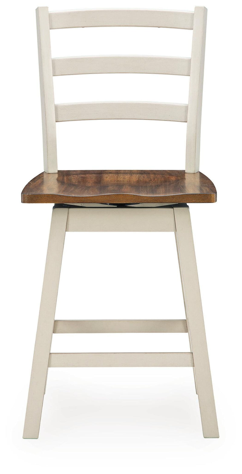 Swivel stool with brown circular seat and antique white slat-back, side view