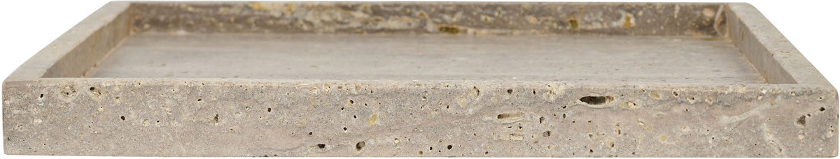 Speckled light-gray marble tray with raised border and shallow basin